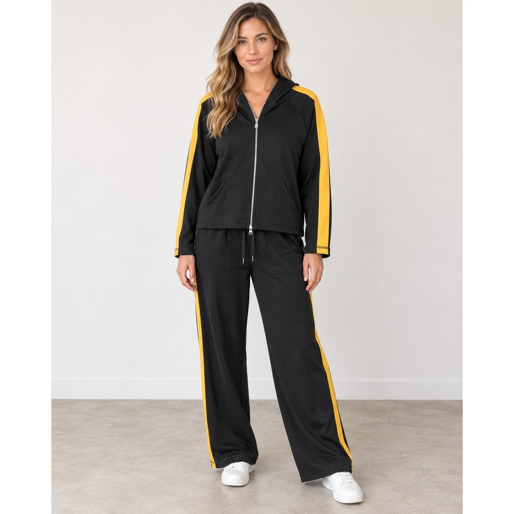 Debra deRoo Tracksuit Set Womens L Black Yellow Stripe Hoodie Wide Leg Pants